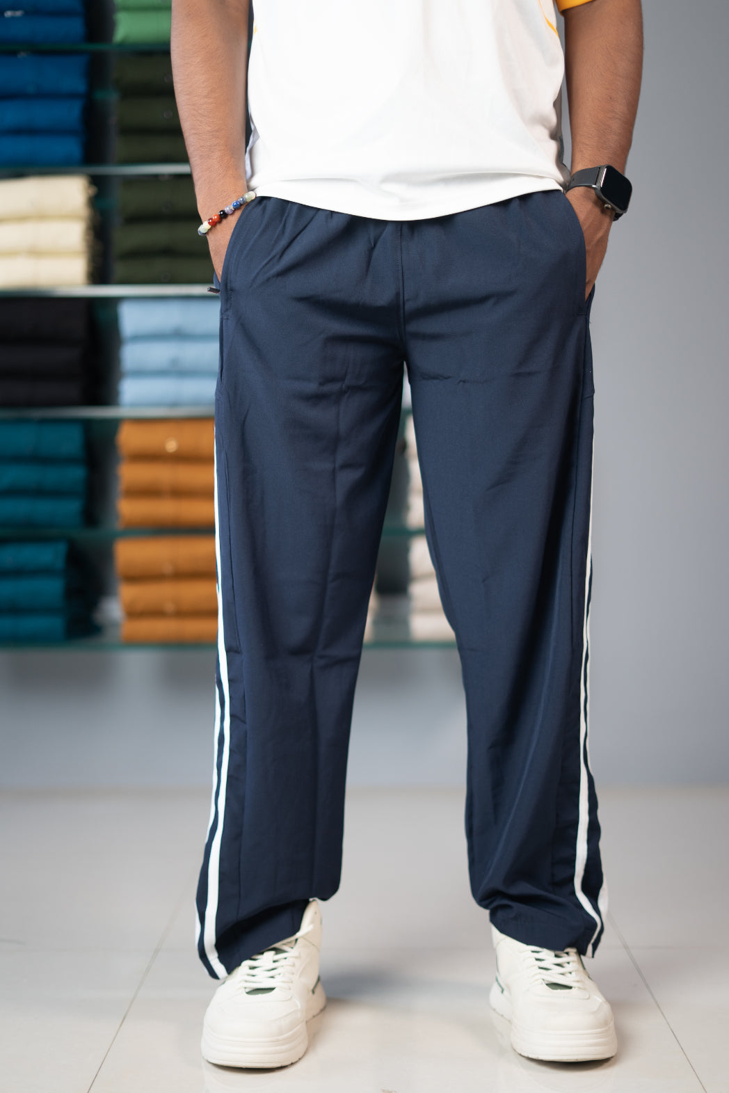 Men’s Two Strip Street Baggy Pants with White Stripe 2T - Navy Blue