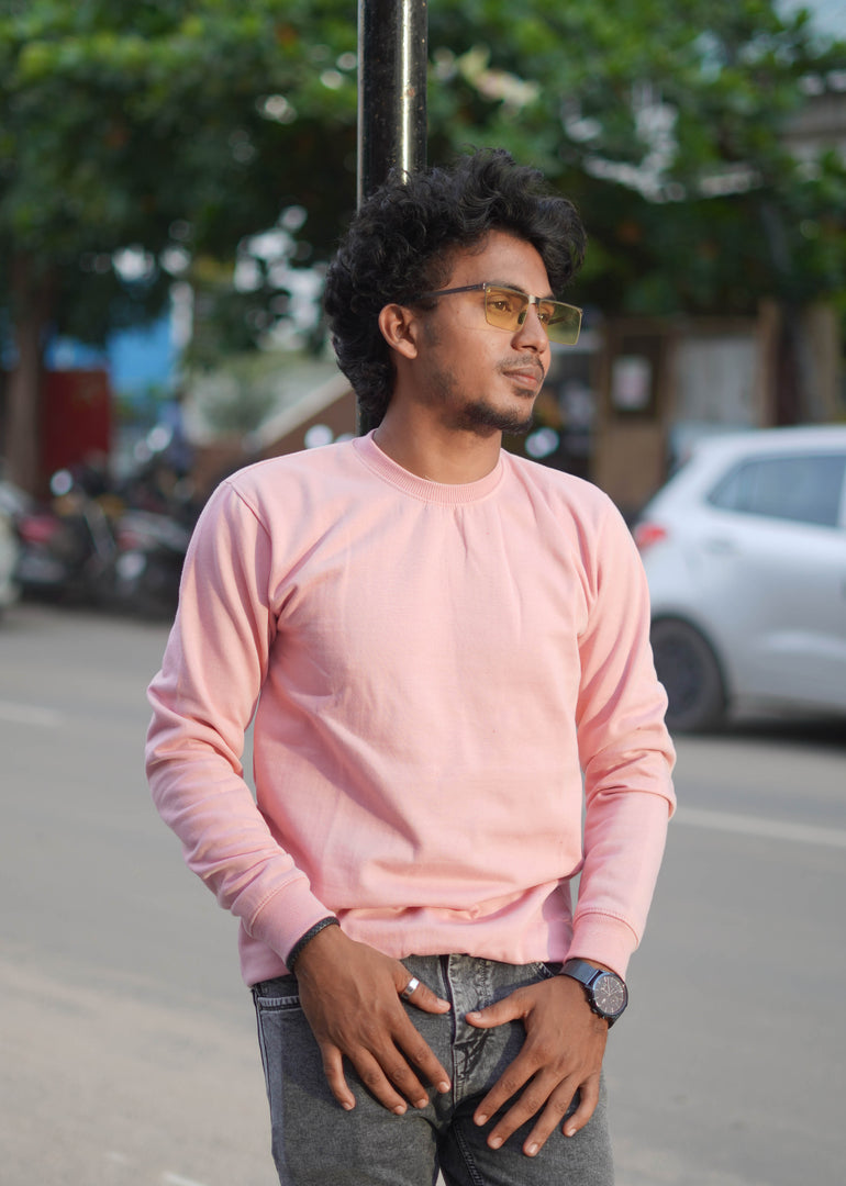 Round Neck Full Sleeve Plain Mens T-shirt in Peach