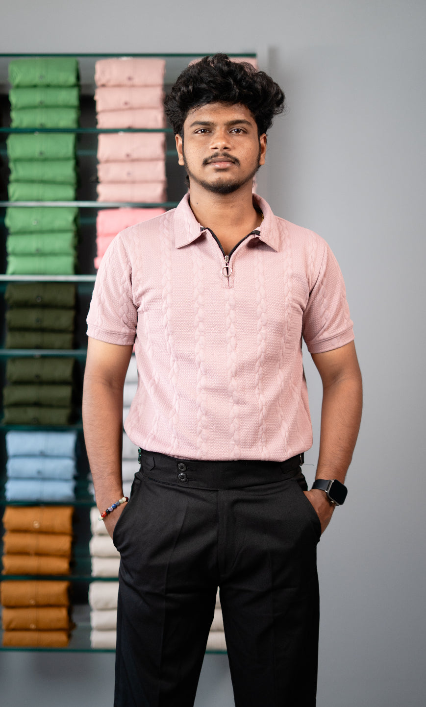 Men’s Half Sleeve Designer Bubble Zipper Collar T-Shirt -- Pink