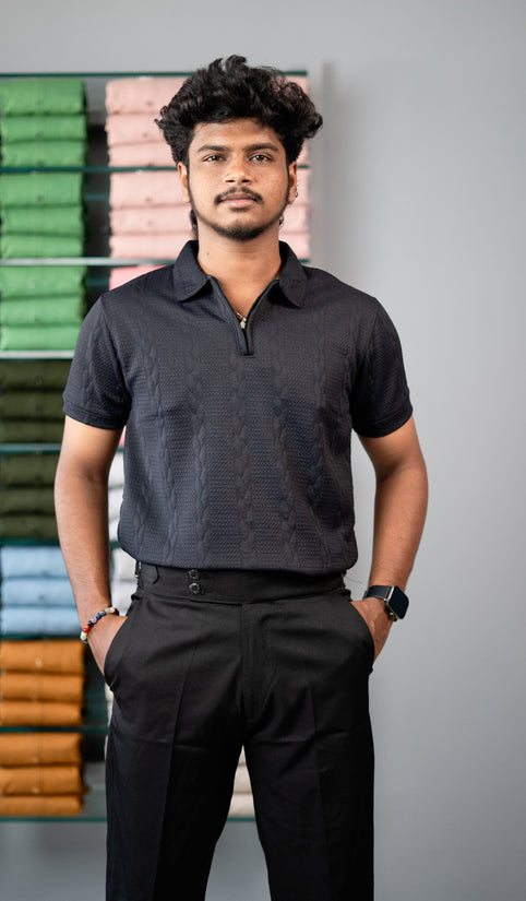 Men’s Half Sleeve Designer Bubble Zipper Collar T-Shirt --Black