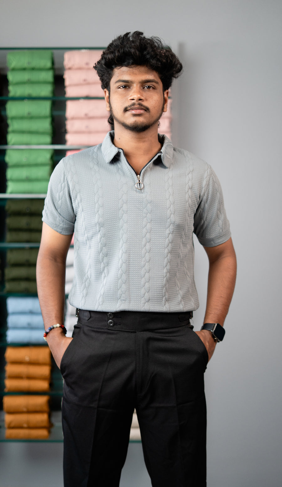 Men’s Half Sleeve Designer Bubble Zipper Collar T-Shirt -Grey