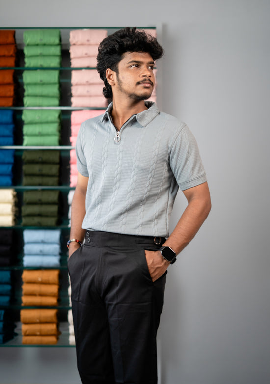 Men’s Half Sleeve Designer Bubble Zipper Collar T-Shirt -Grey