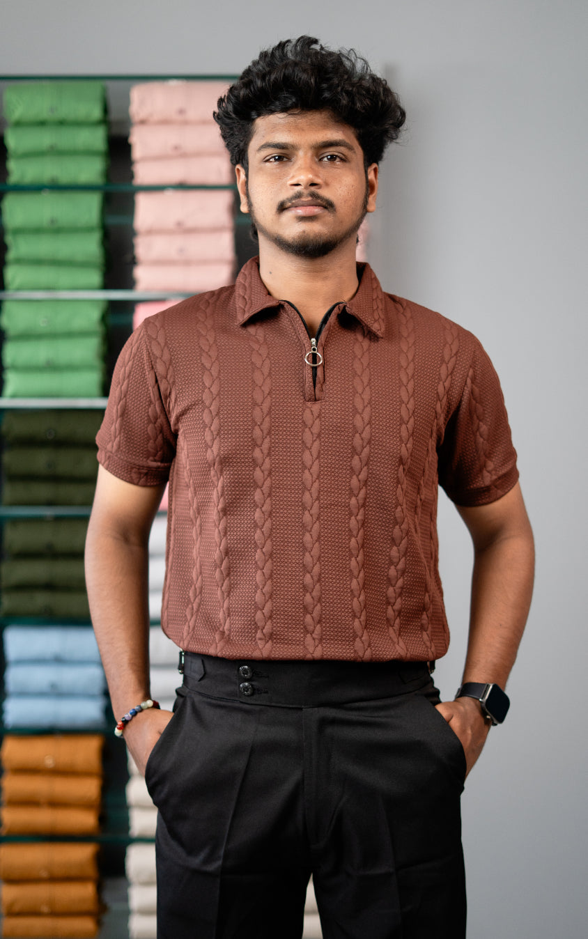 Men’s Half Sleeve Designer Bubble Zipper Collar T-Shirt - Chocolate Brown