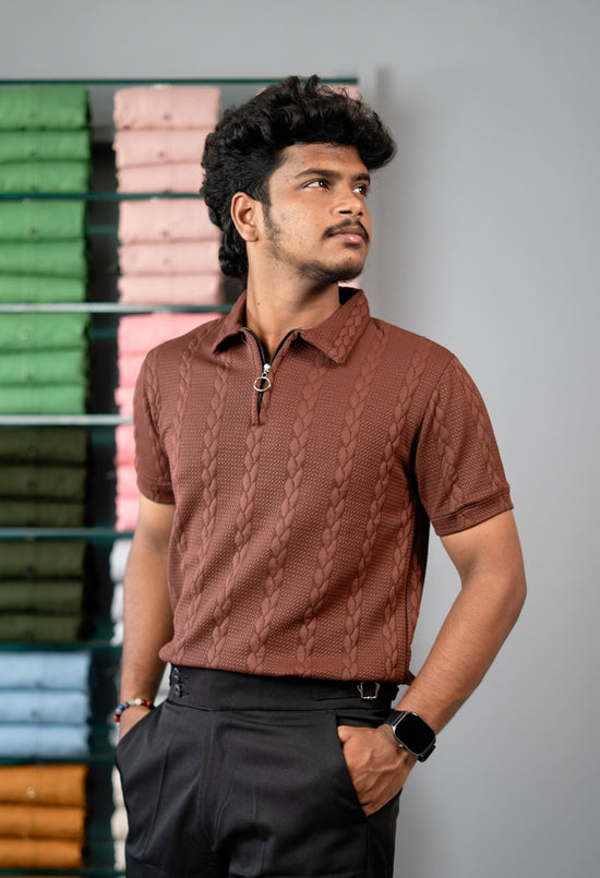 Men’s Half Sleeve Designer Bubble Zipper Collar T-Shirt - Chocolate Brown