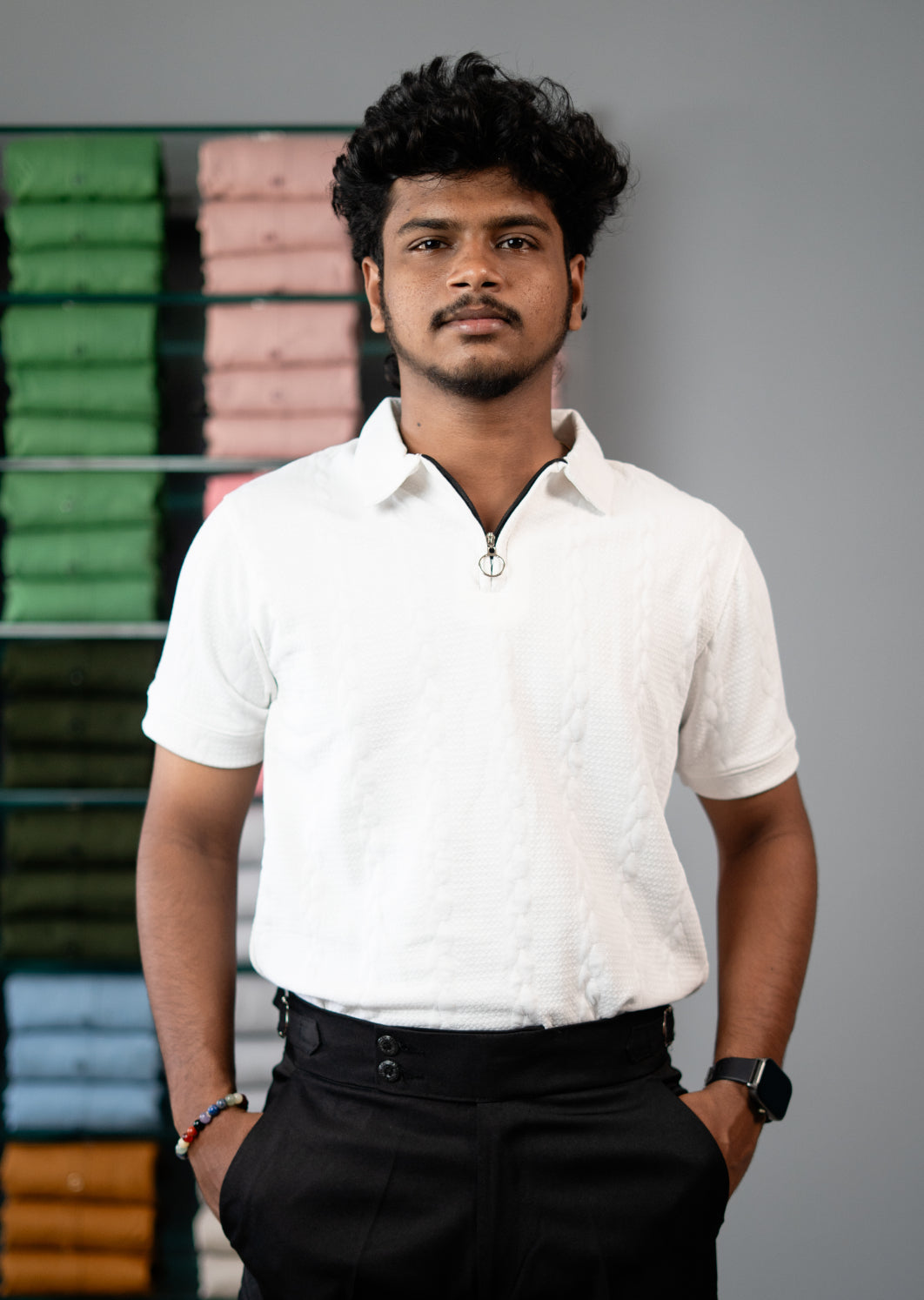 Men’s Half Sleeve Designer Bubble Zipper Collar T-Shirt - -White