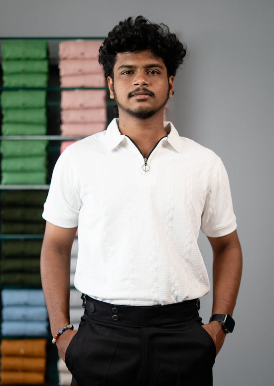 Men’s Half Sleeve Designer Bubble Zipper Collar T-Shirt - -White