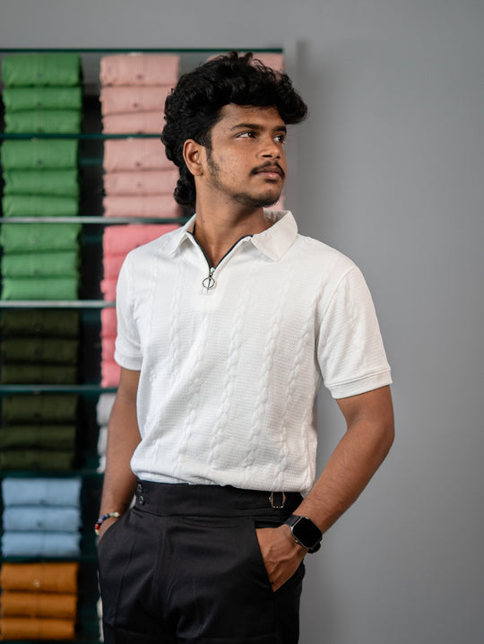 Men’s Half Sleeve Designer Bubble Zipper Collar T-Shirt - -White – alternate view – 7MAN India