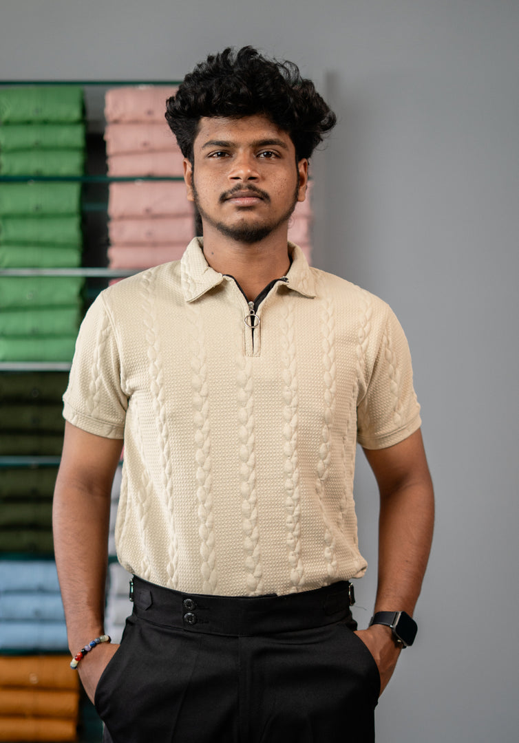 Mens Half Sleeve Designer Bubble Zipper Collar TShirt Sandle mens trending streetwear India 7Man