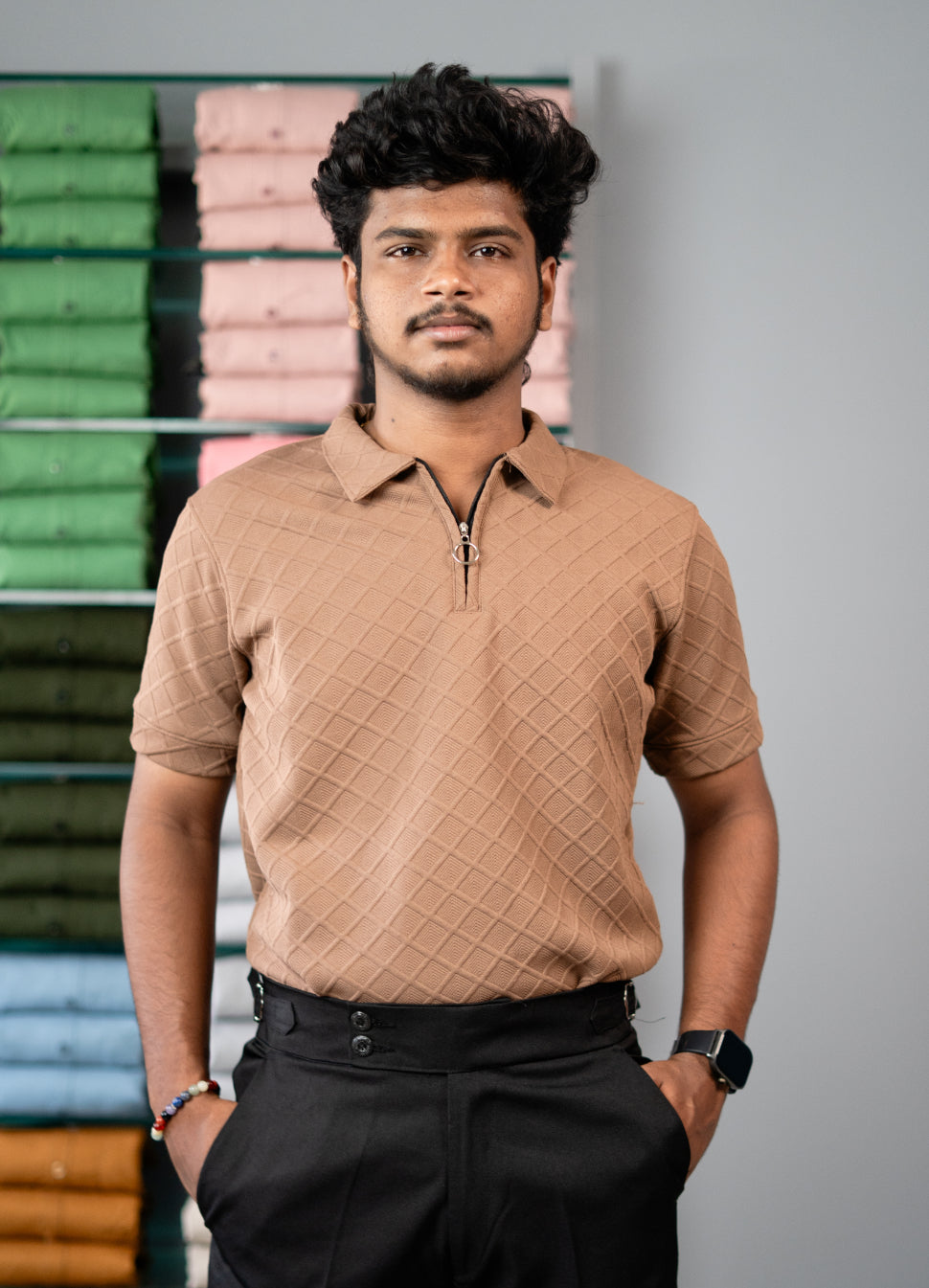 Buy Square BOX Short Sleeve Korean Zipper TShirt for Men - Brown
