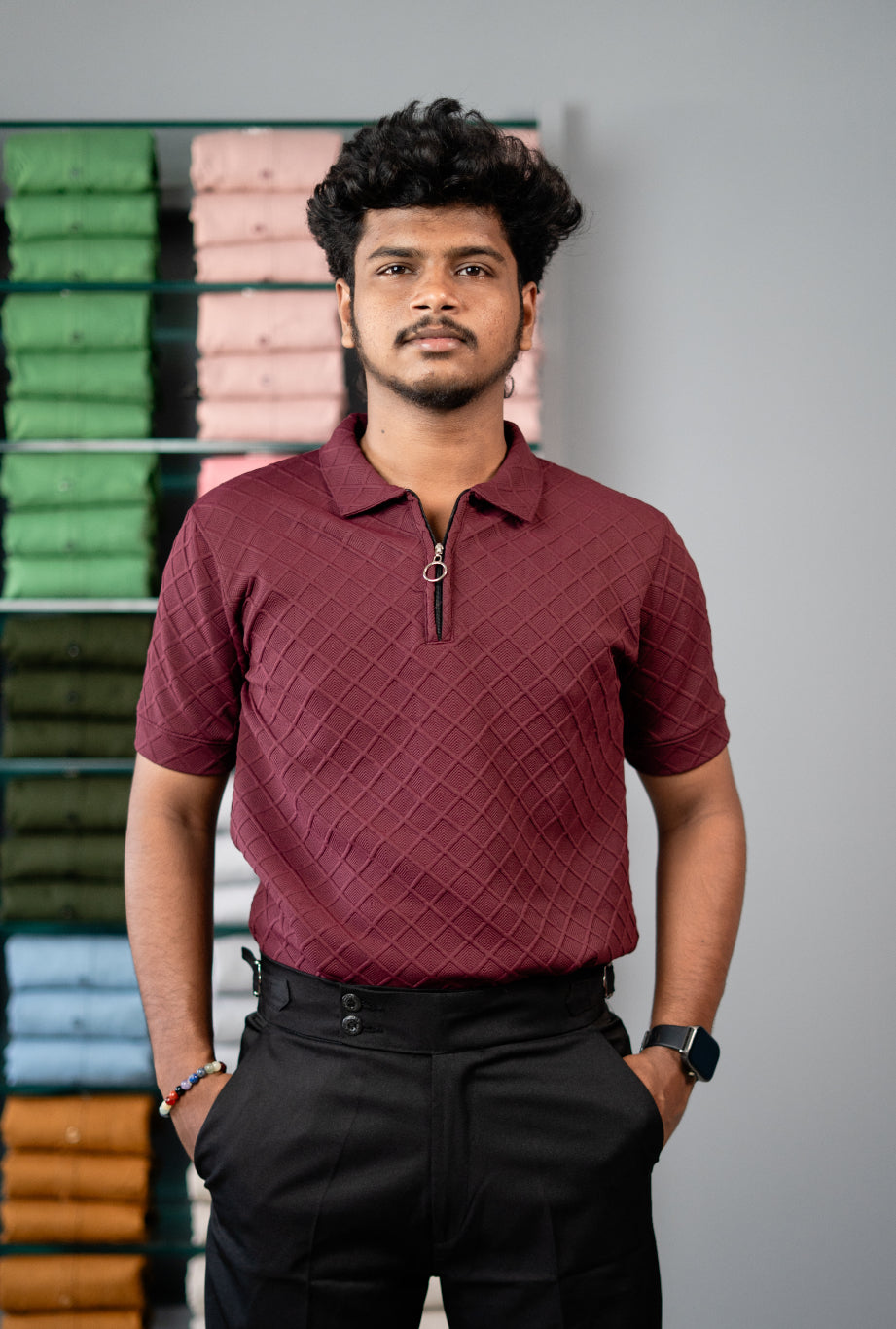 Buy Square BOX Short Sleeve Korean Zipper TShirt for Men - Maroon
