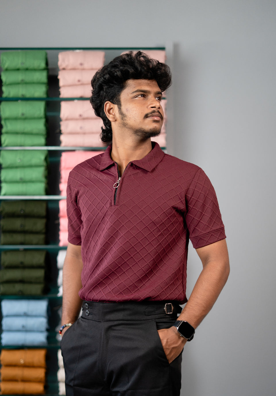 Buy Square BOX Short Sleeve Korean Zipper TShirt for Men - Maroon