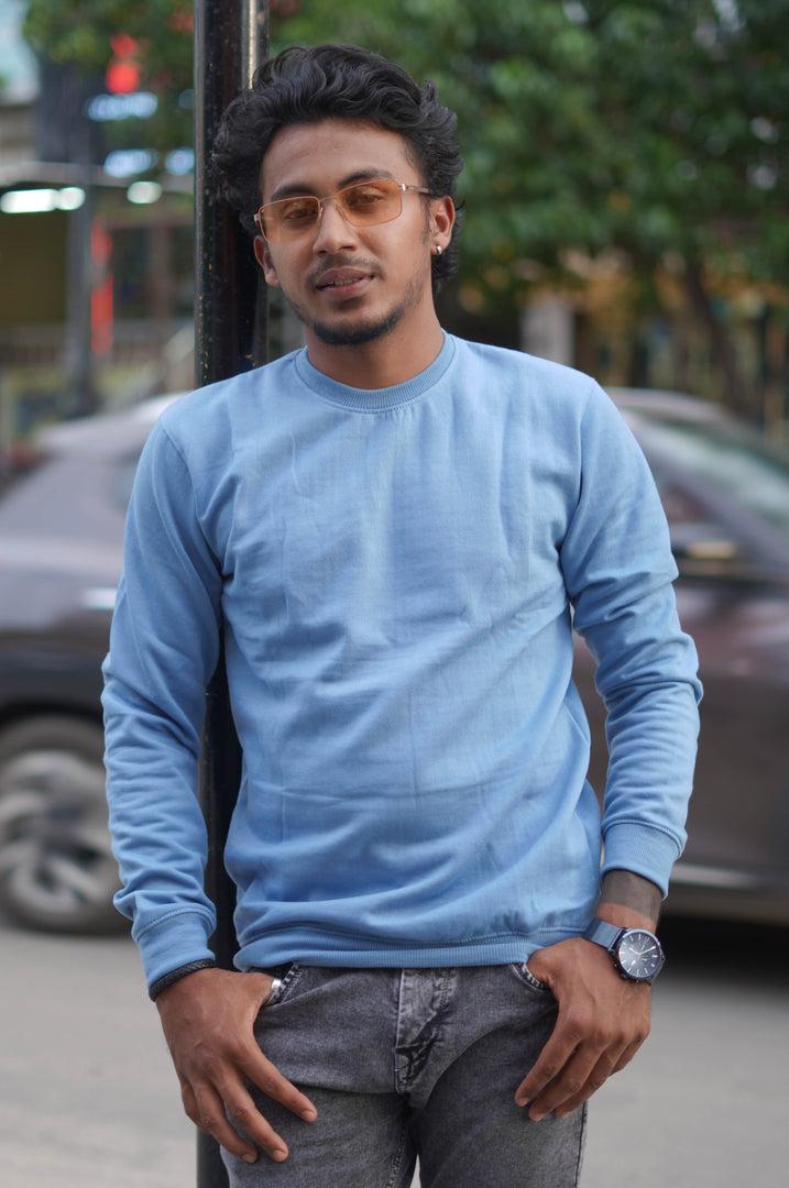 Round Neck Full Sleeve Plain Mens T-shirt in Blue