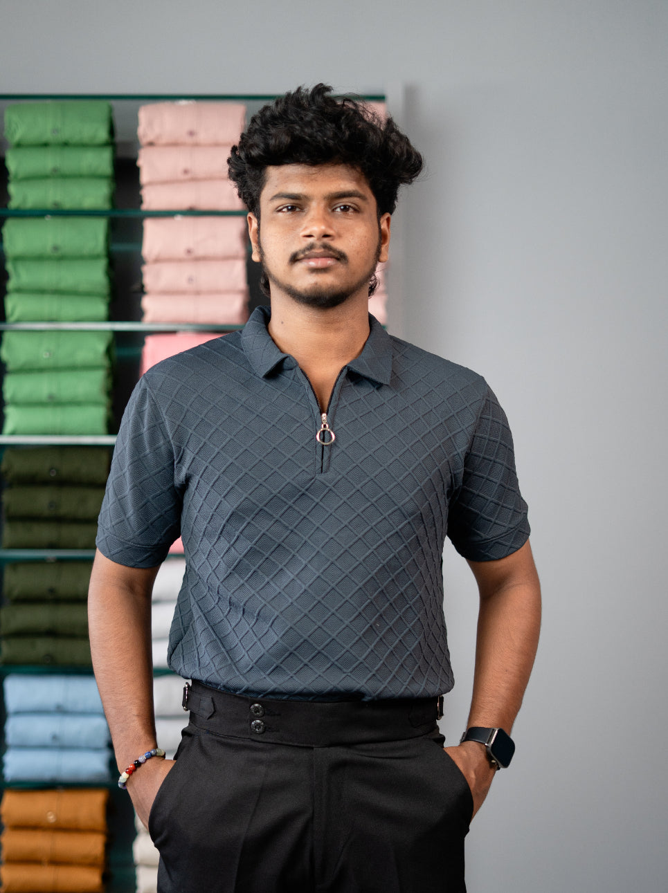 Buy Square BOX Short Sleeve Korean Zipper TShirt for Men - Dark Grey