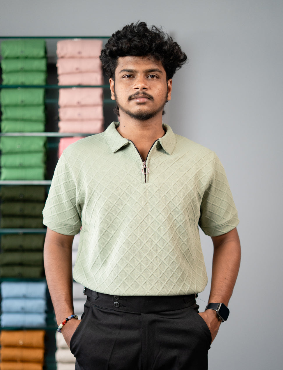 Buy Square BOX Short Sleeve Korean Zipper TShirt for Men - Pista Green