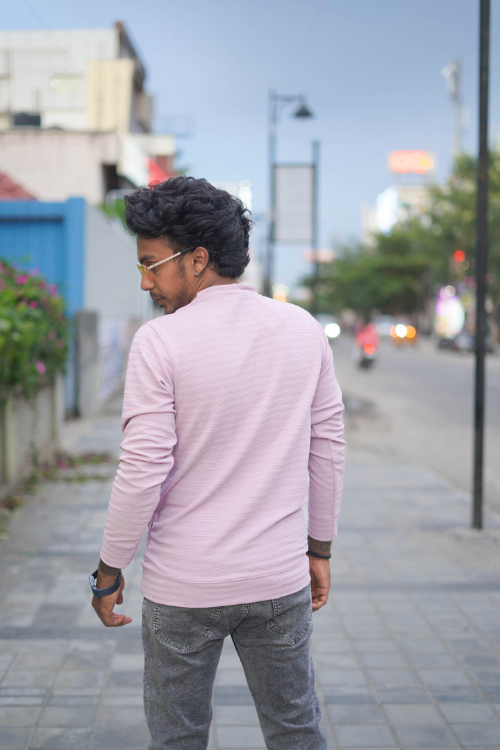 Full Sleeve Round Neck Mens Striped T-shirt in Pink