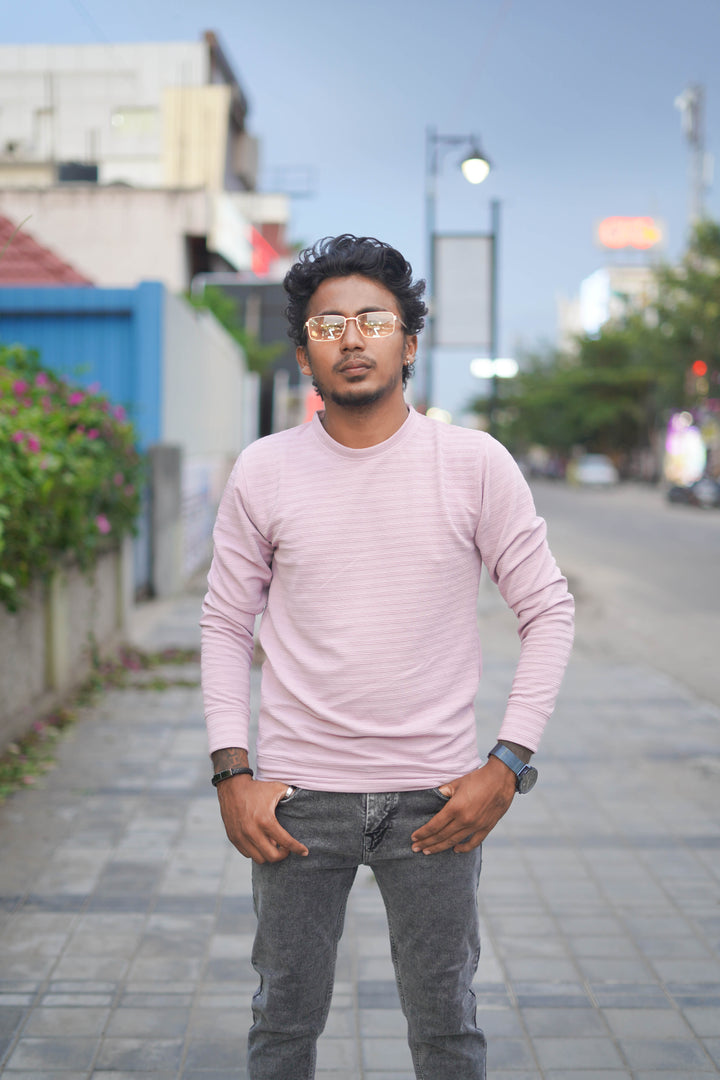 Full Sleeve Round Neck Mens Striped T-shirt in Pink