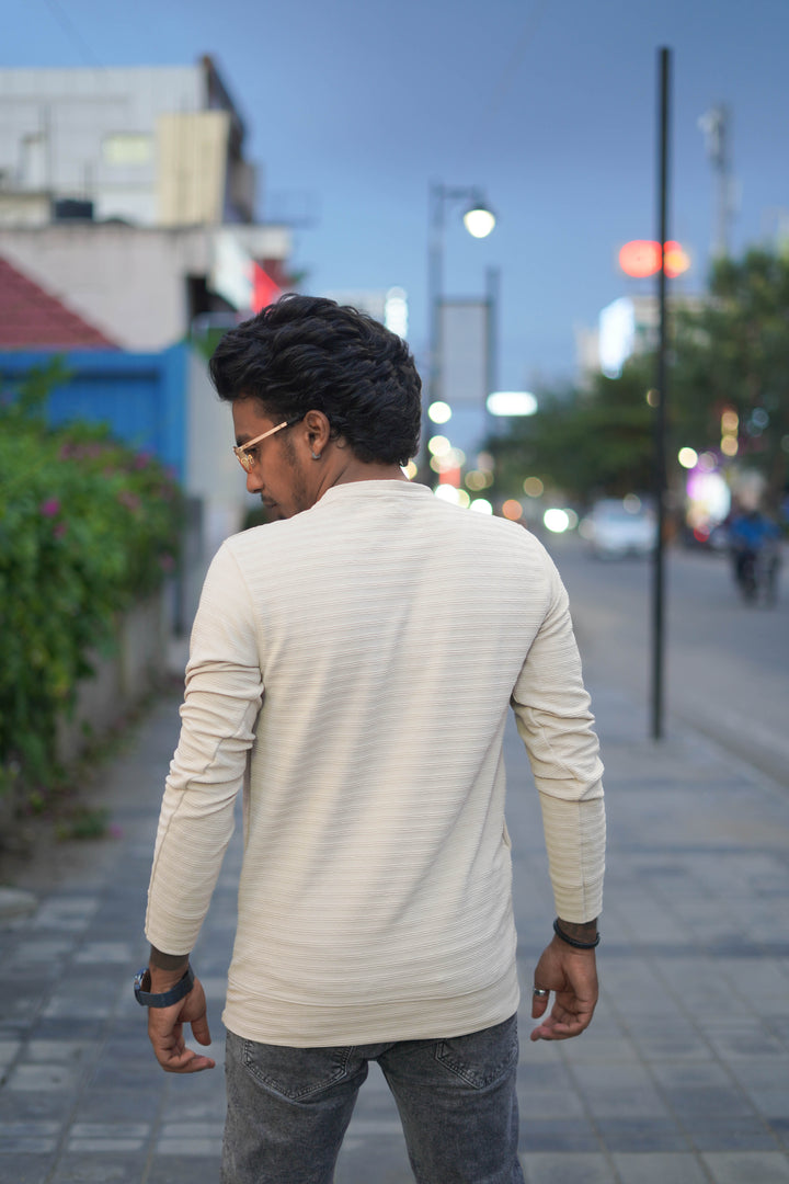 Full Sleeve Round Neck Mens Striped T-shirt in Yellow