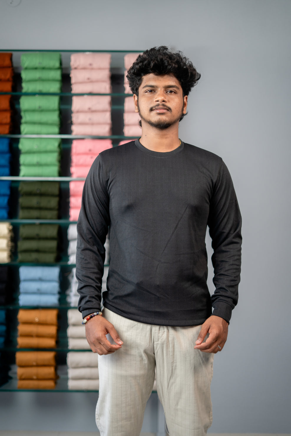 Round Neck Full Sleeve Tshirt for Men  - Black