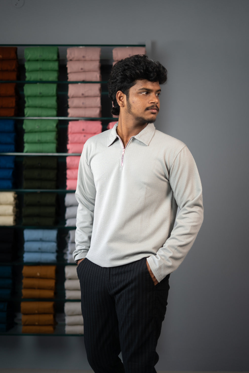 Full Sleeve Collar Neck Popcorn Plain Korean Zipper Tshirt - Ash