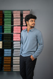 Full Sleeve Collar Neck Popcorn Plain Korean Zipper Tshirt - -Blue