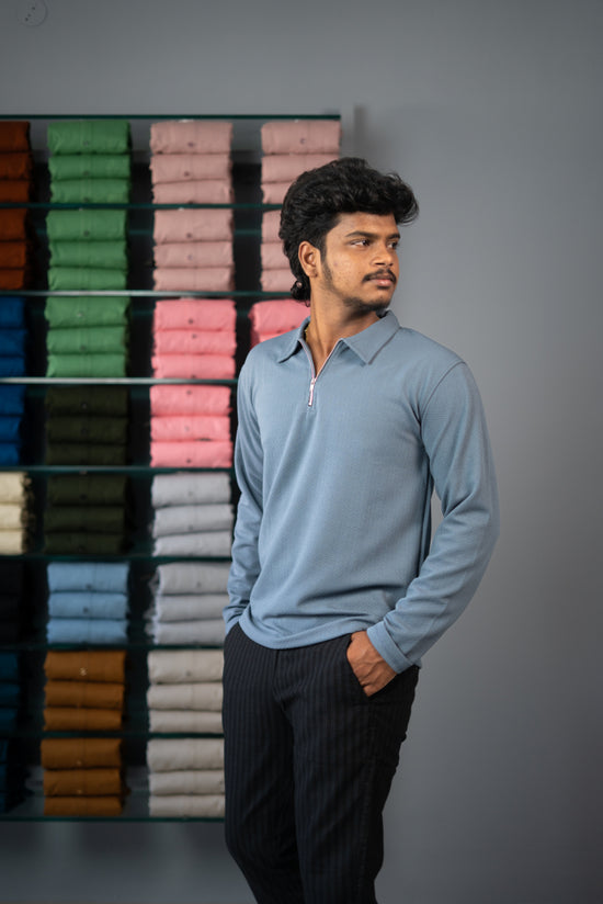 Full Sleeve Collar Neck Popcorn Plain Korean Zipper Tshirt - -Blue