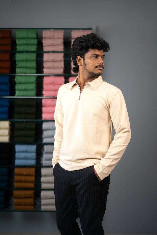 Full Sleeve Collar Neck Popcorn Plain Korean Zzipper Tshirt-Sandle