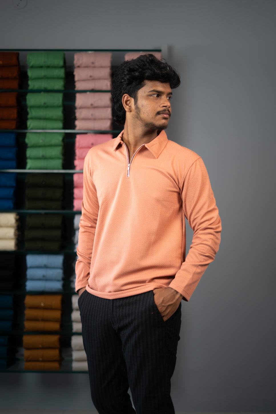 Full Sleeve Collar Neck Popcorn Plain Korean Zipper Tshirt - Orange