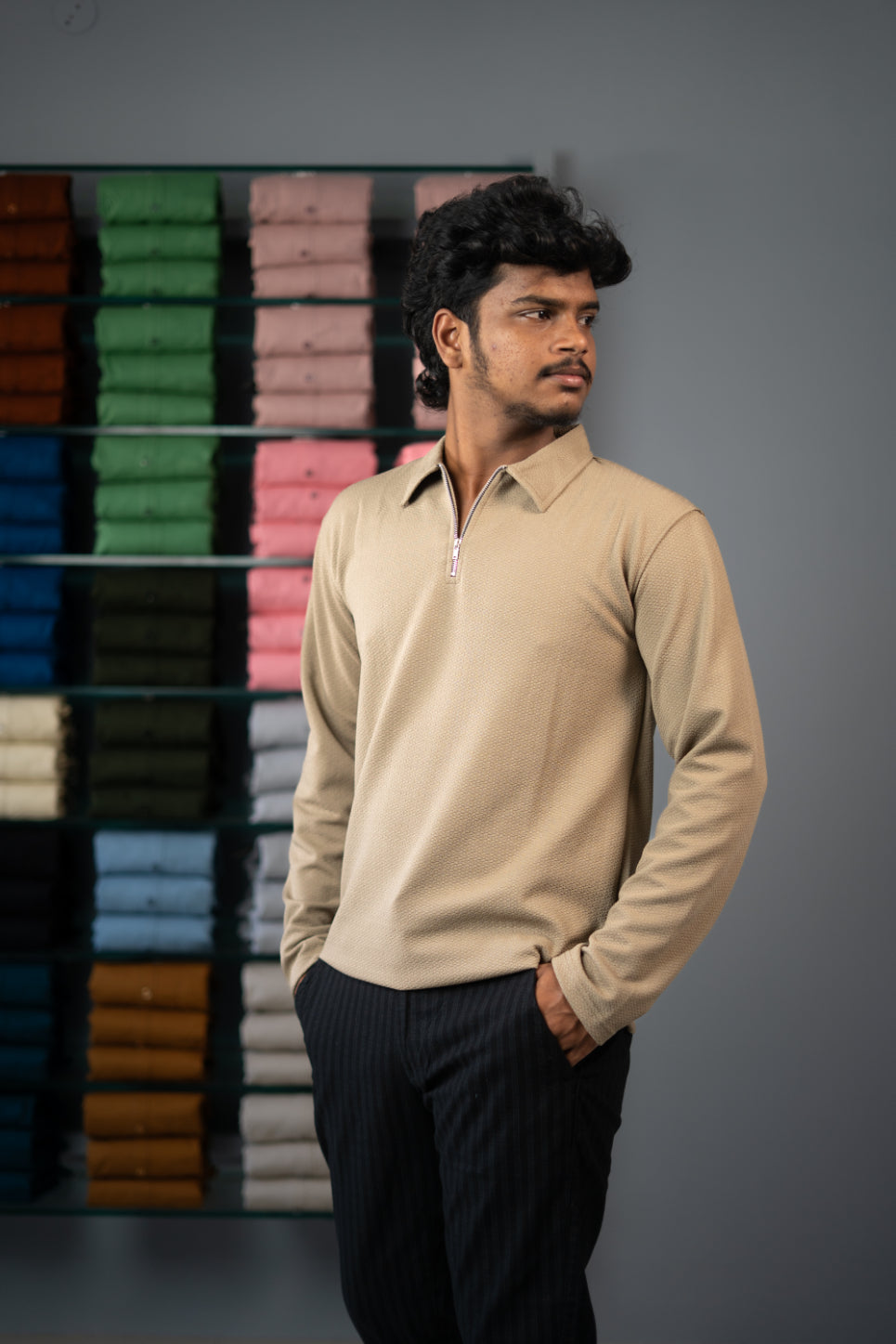 Full Sleeve Collar Neck Popcorn Plain Korean Zipper Tshirt - Brown