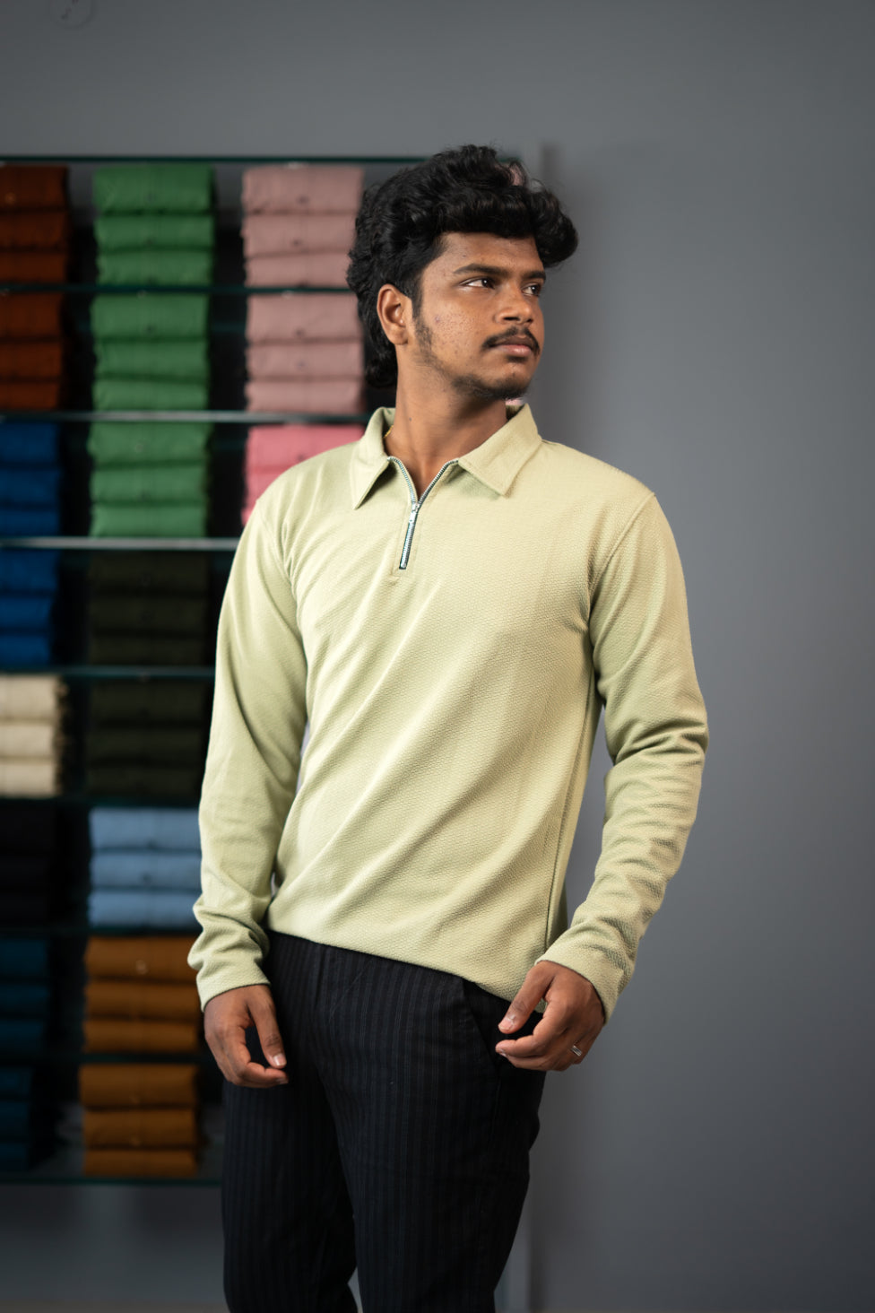 Full Sleeve Collar Neck Popcorn Plain Korean Zipper Tshirt - Pista Green