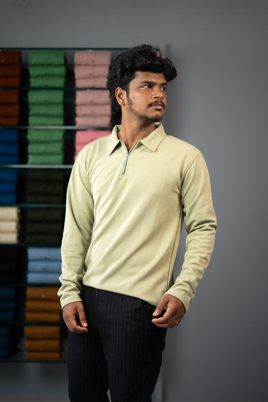 Full Sleeve Collar Neck Popcorn Plain Korean Zipper Tshirt - Pista Green