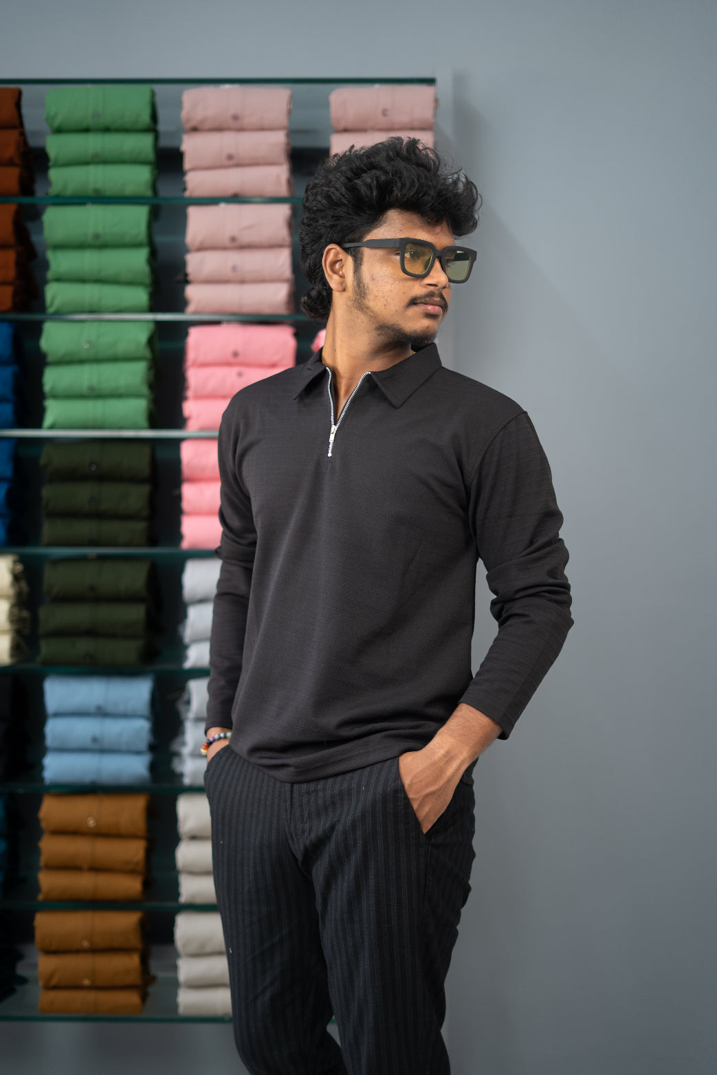 Stylish Full Sleeve Korean Zipper Collar Tshirt-Black