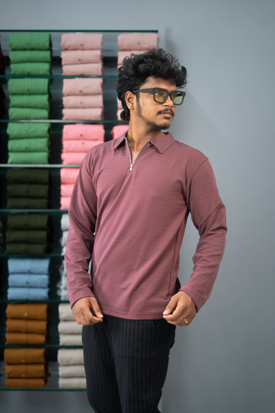 Stylish Full Sleeve Korean Zipper Collar Tshirt-Maroon