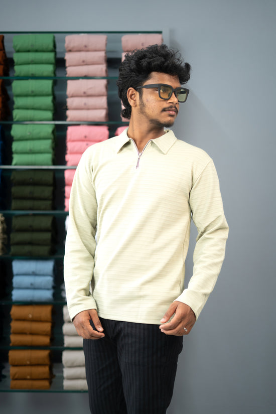 Stylish Full Sleeve Korean Zipper Collar Tshirt-Pista Green