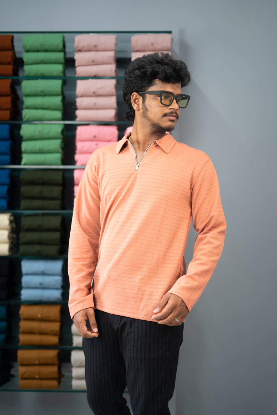 Stylish Full Sleeve Korean Zipper Collar Tshirt-Orange