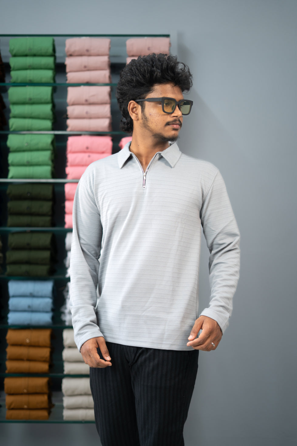 Stylish Full Sleeve Korean Zipper Collar Tshirt-Ash