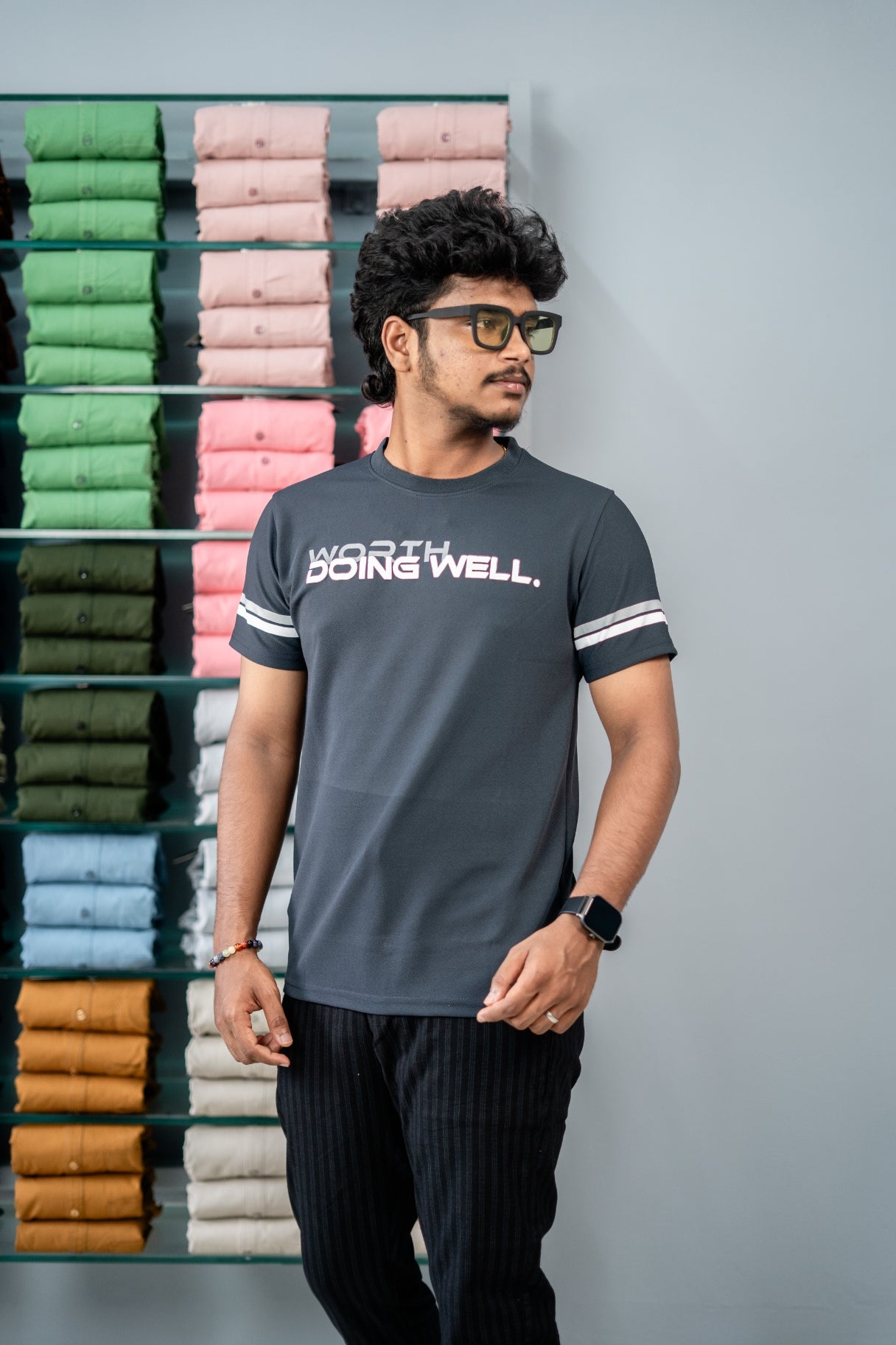 Short Sleeve Round Neck WORTH DOING WELL Printed Tshirt- Dark Grey