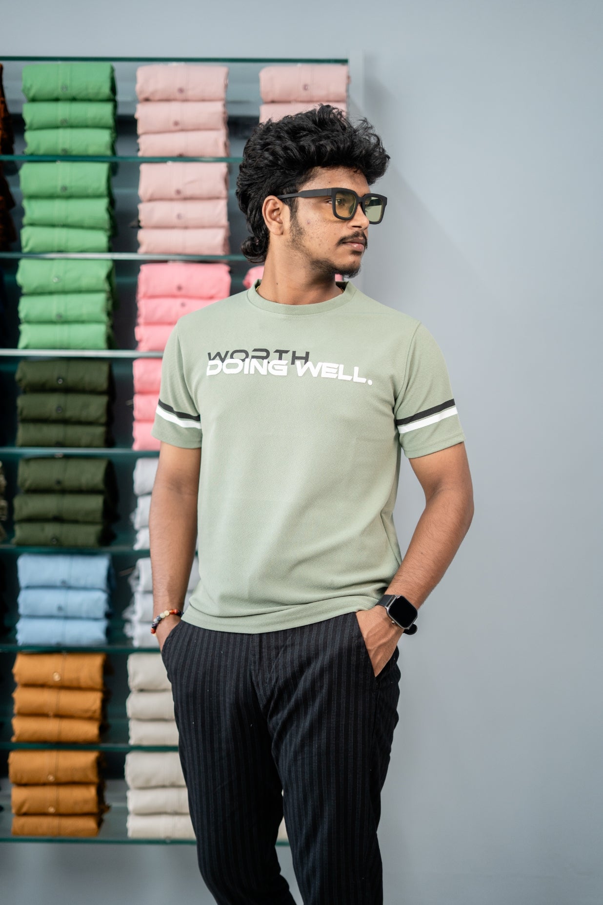 Short Sleeve Round Neck WORTH DOING WELL Printed Tshirt-Pista Green
