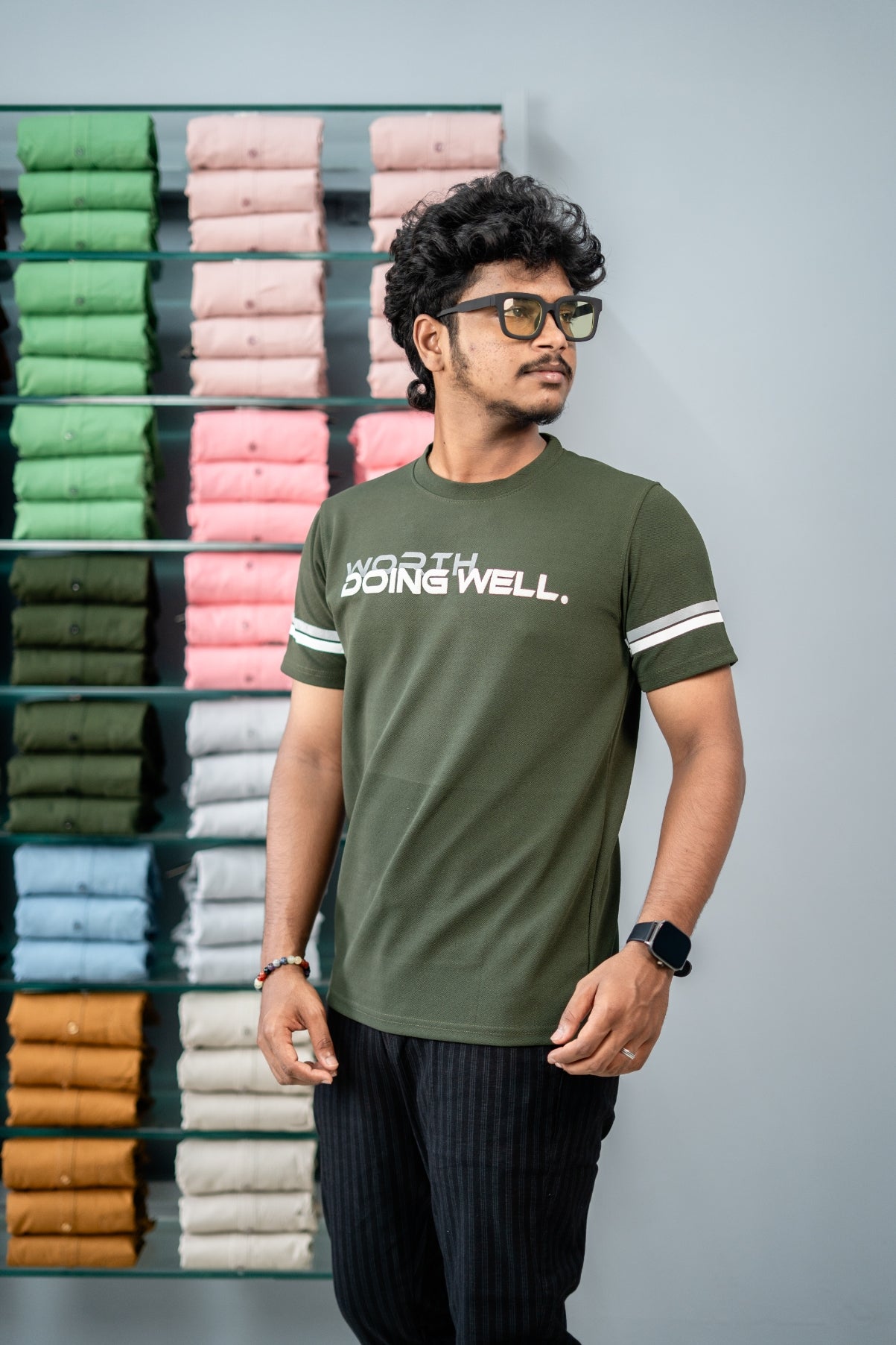Short Sleeve Round Neck WORTH DOING WELL Printed Tshirt-Mehandhi Green