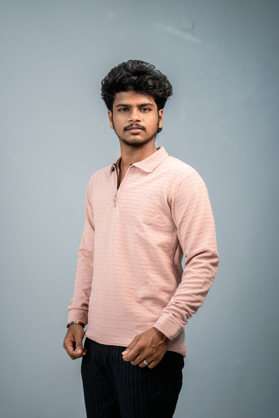 Textured Full Sleeve Korean Zipper Collar Tshirt- Peach