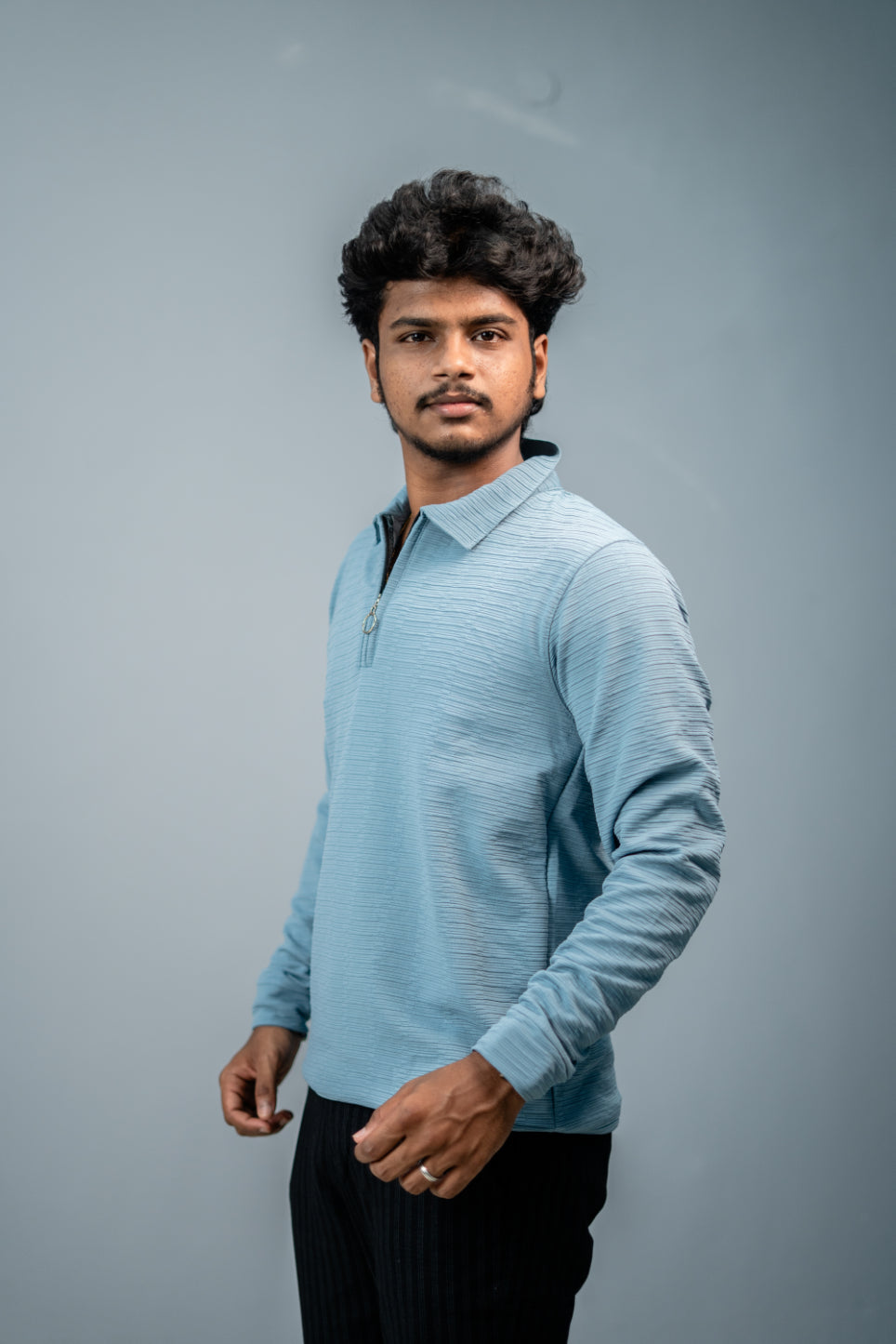 Textured Full Sleeve Korean Zipper Collar Tshirt-Sky Blue