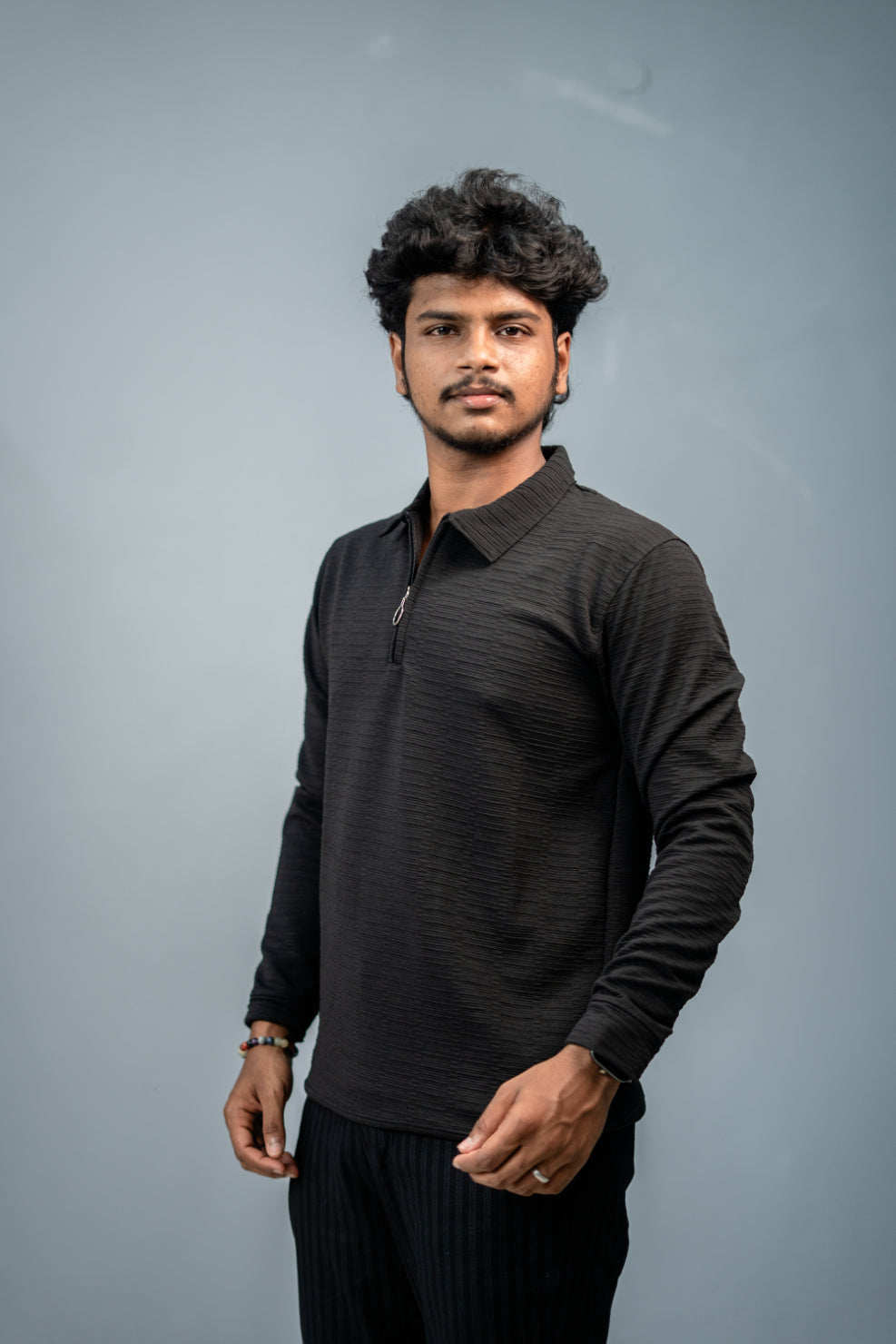 Textured Full Sleeve Korean Zipper Collar Tshirt-Black