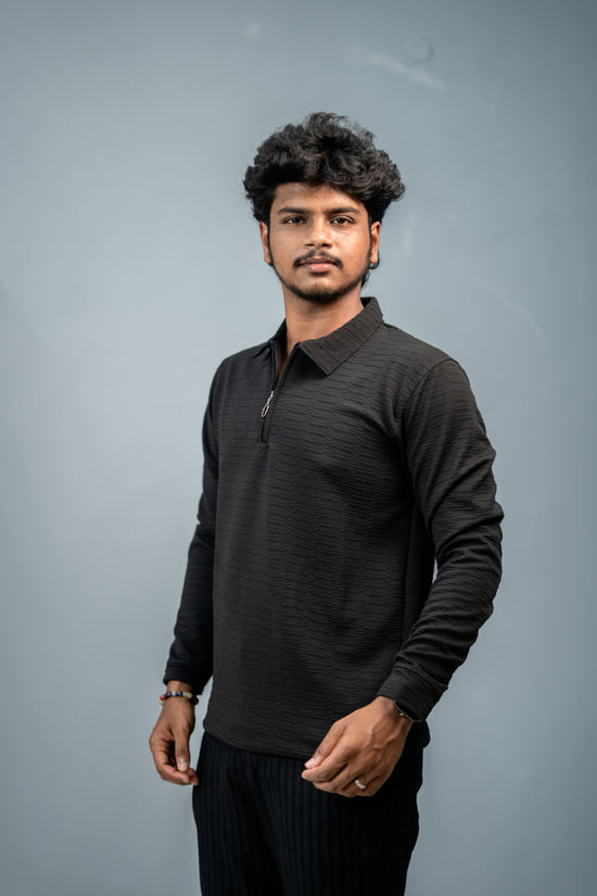 Textured Full Sleeve Korean Zipper Collar Tshirt-Black