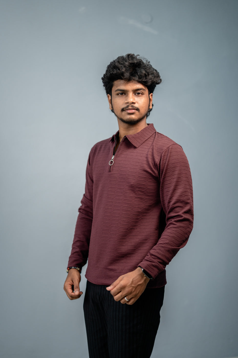 Textured Full Sleeve Korean Zipper Collar Tshirt- Grape  Shade