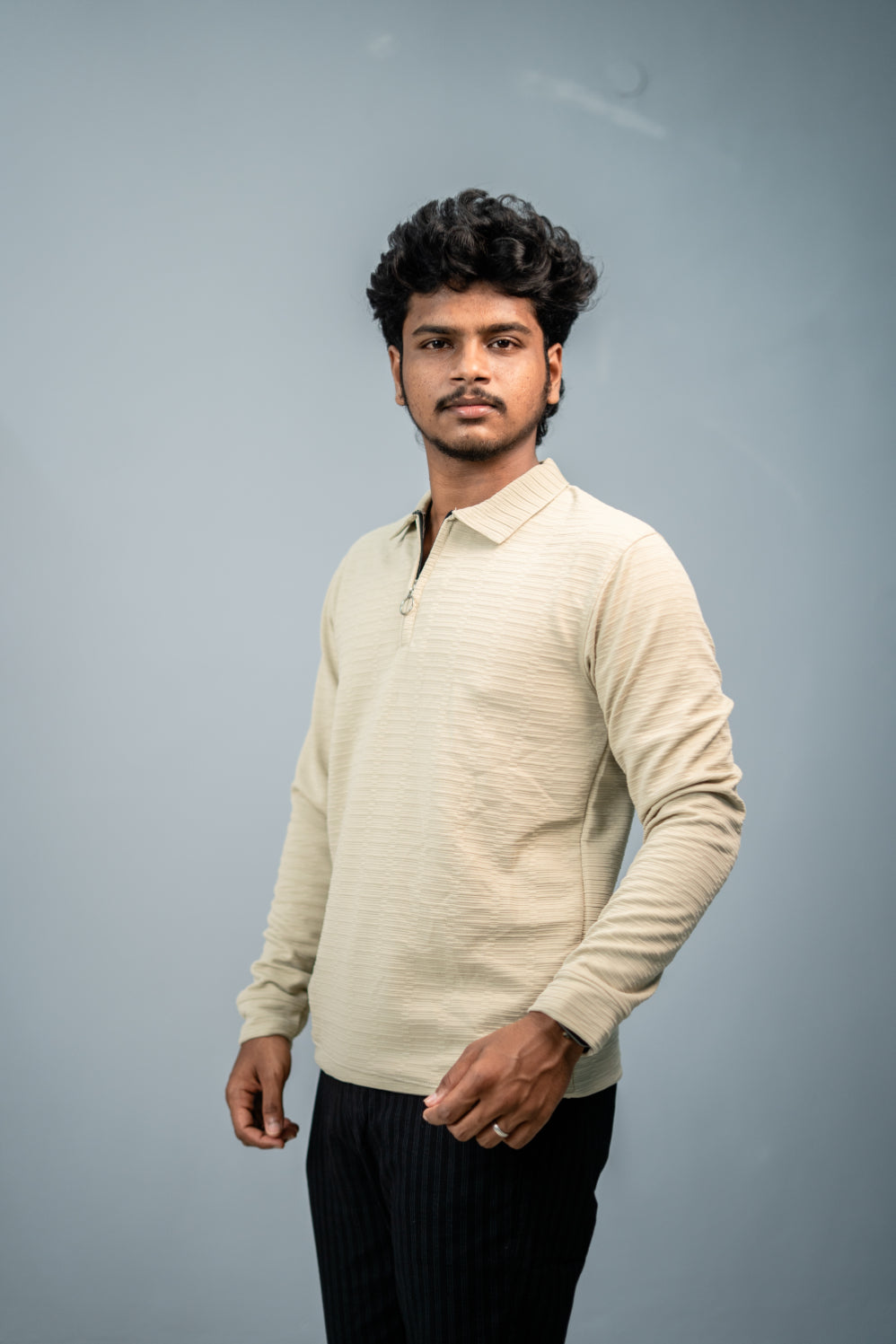 Textured Full Sleeve Korean Zipper Collar Tshirt-Sandle