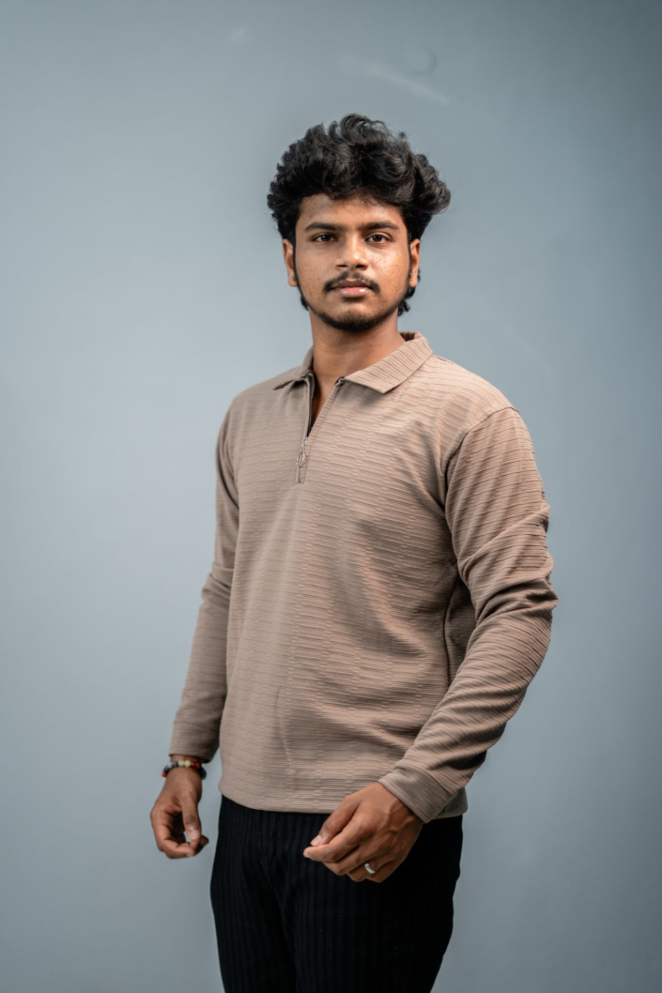 Textured Full Sleeve Korean Zipper Collar Tshirt-Brown