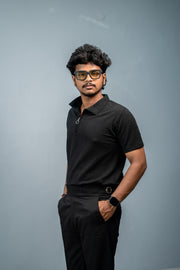 Stylish CAKE BUBBLE Half Sleeve Zipper Collar Tshirt -  Black