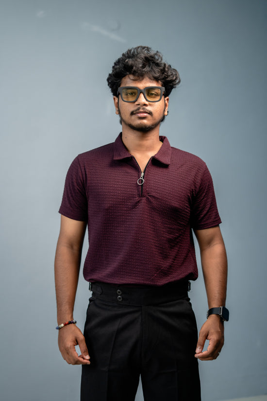 Stylish CAKE BUBBLE Half Sleeve Zipper Collar Tshirt -  Grape Shade