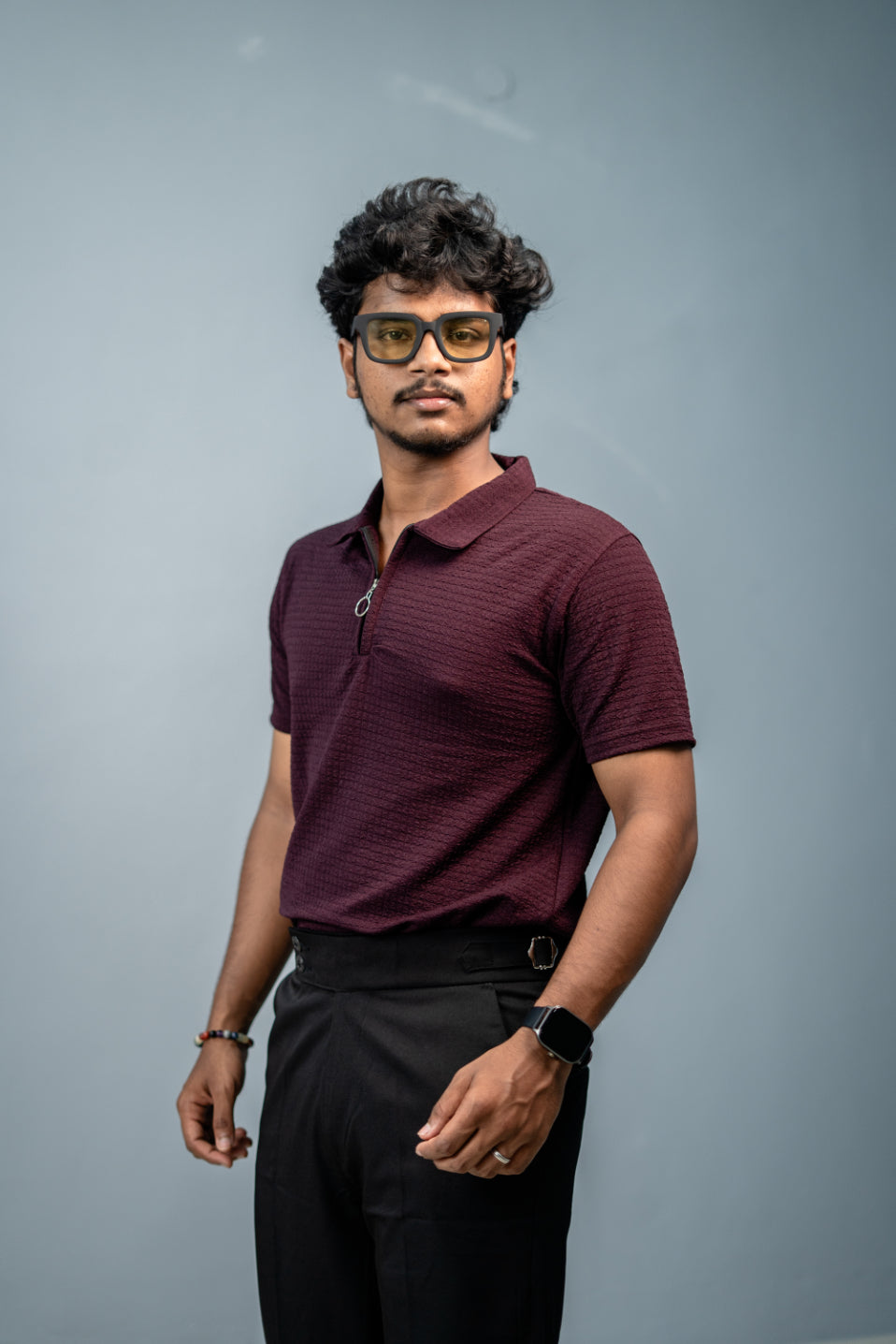 Stylish CAKE BUBBLE Half Sleeve Zipper Collar Tshirt -  Grape Shade