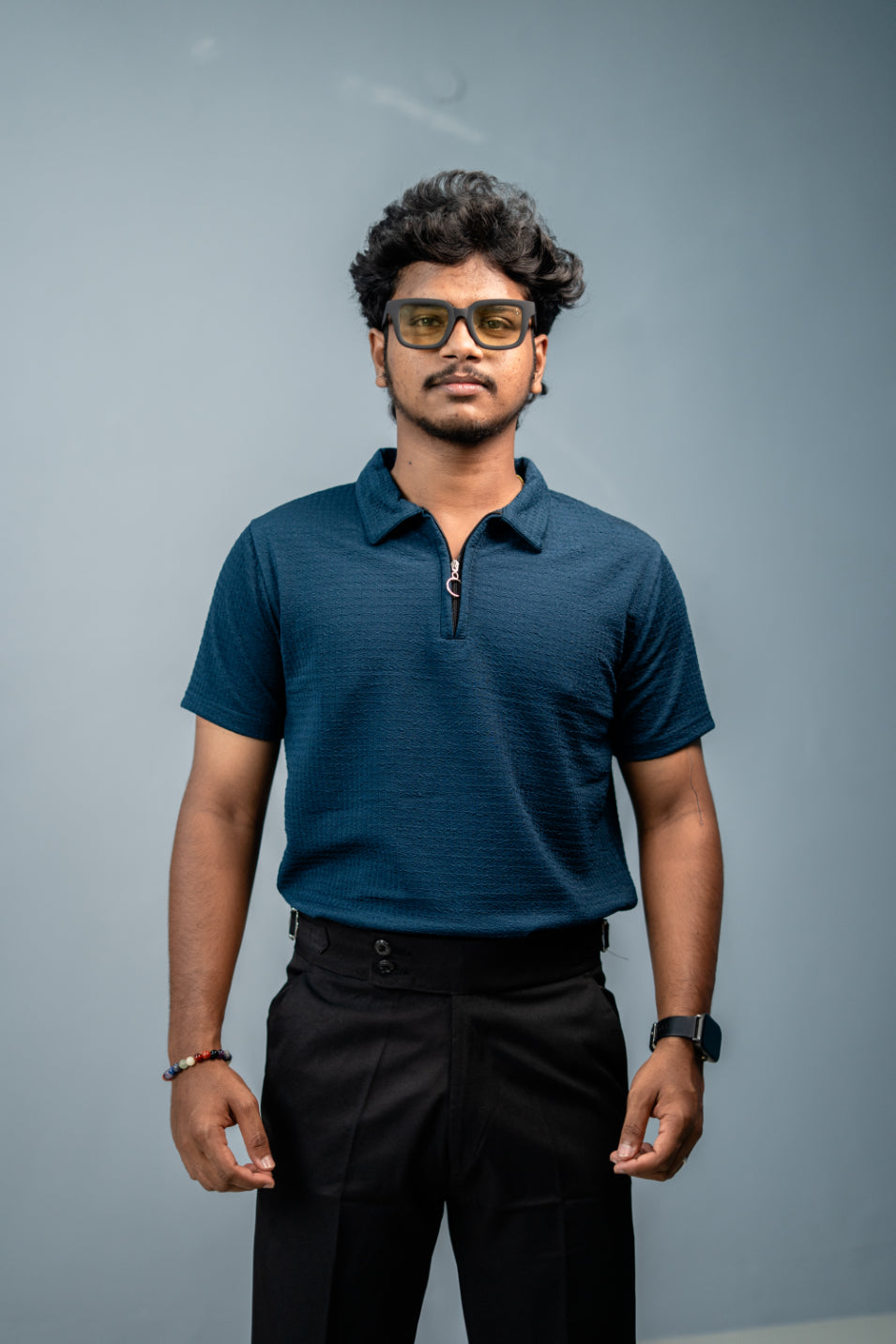 Stylish CAKE BUBBLE Half Sleeve Zipper Collar Tshirt -  Petrol Blue