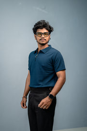 Stylish CAKE BUBBLE Half Sleeve Zipper Collar Tshirt -  Petrol Blue